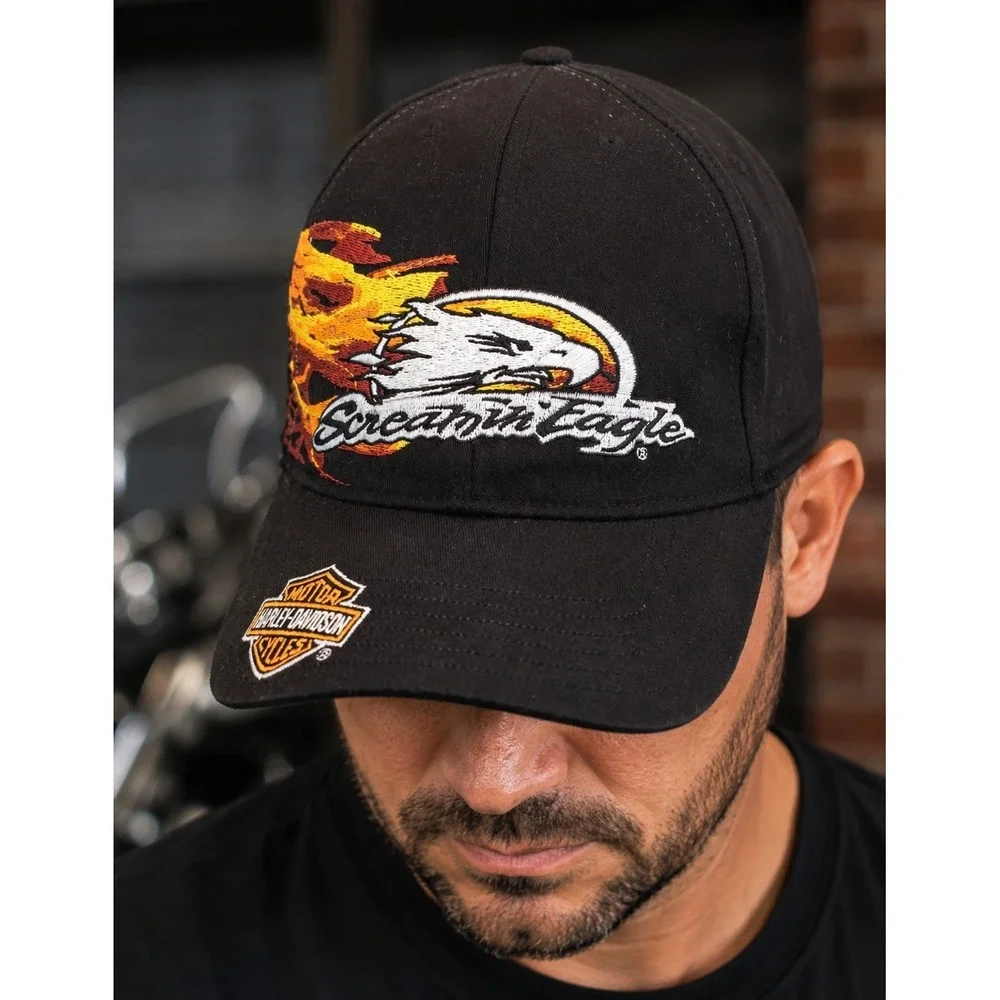 HARLEY DAVIDSON Screamin‎ Eagle Flame Flex Fit Hat Cap Black Logo -3185